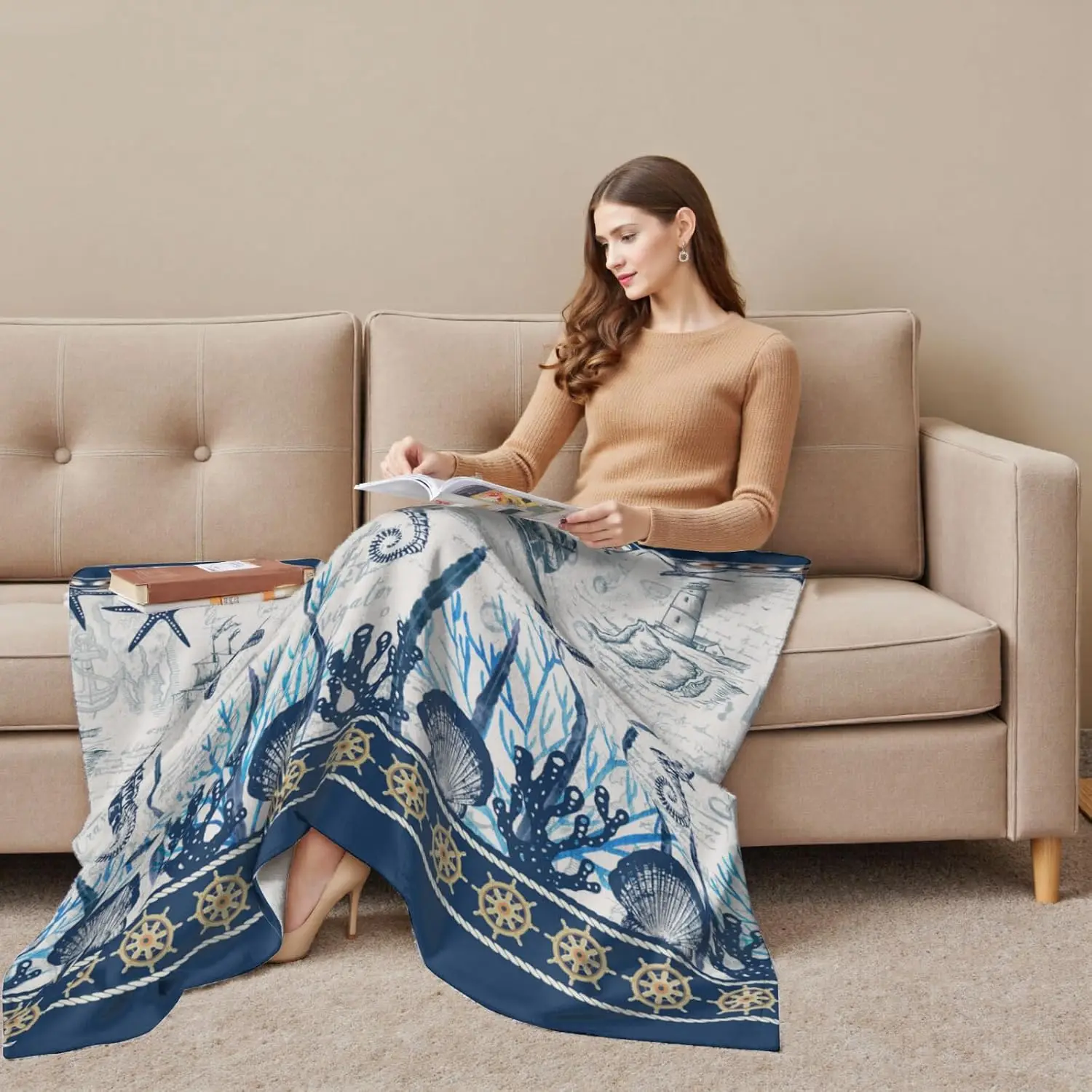 Marine Element Border Design Seahorse Starfish Anchor Retro Ocean Art Cozy Warm Throw Blanket Suitable for Lounge Bedroom