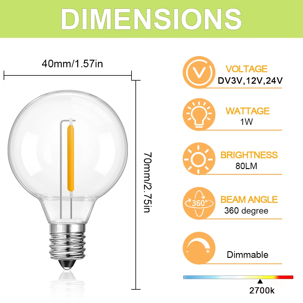 G40 LED استبدال لمبة البلاستيك E12 غلوب مصابيح كهربائية للخارجية سلسلة أضواء الشمسية ديكور تيار مستمر 3 فولت 12 فولت 24 فولت 2700 كيلو مصباح أبيض دافئ #2