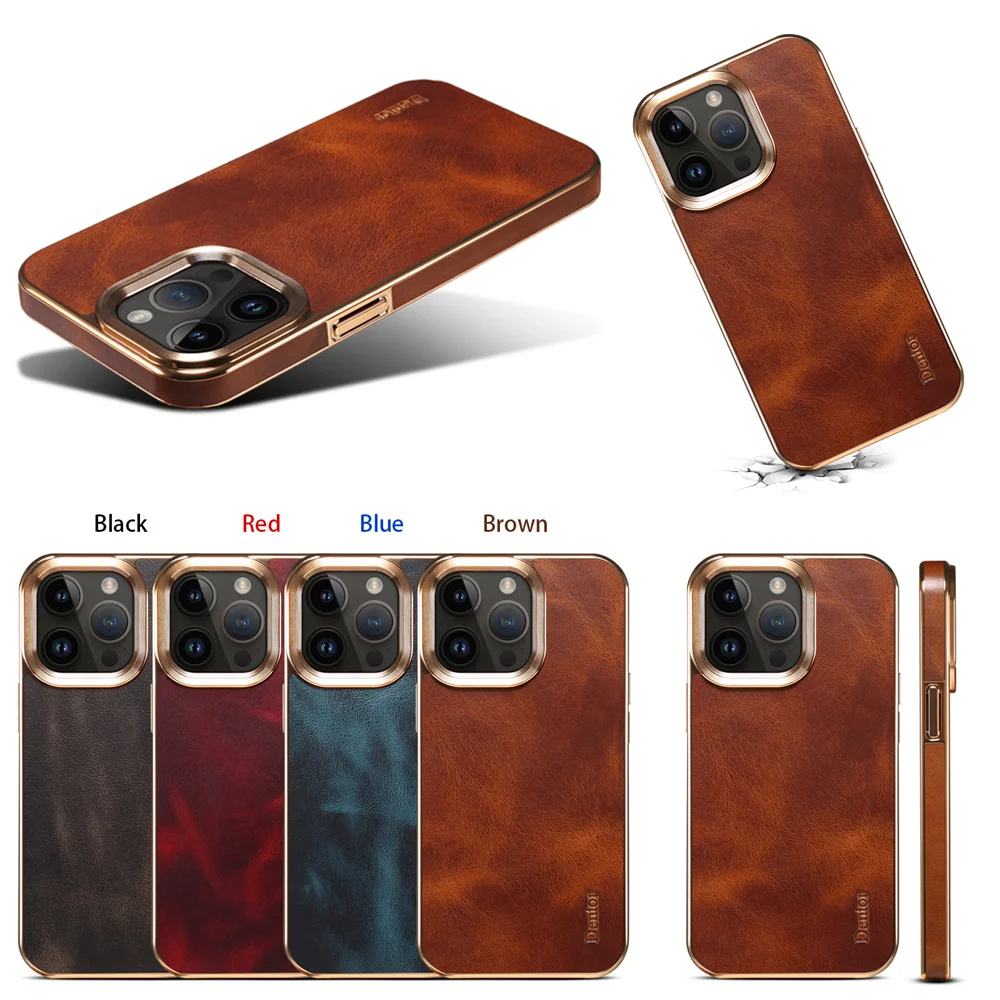 Cowhide Leather Case For iPhone 15 Pro Max 14 Pro Plus 13 12 Electroplate Lens Protection European Style Flowers Soft Phone Case