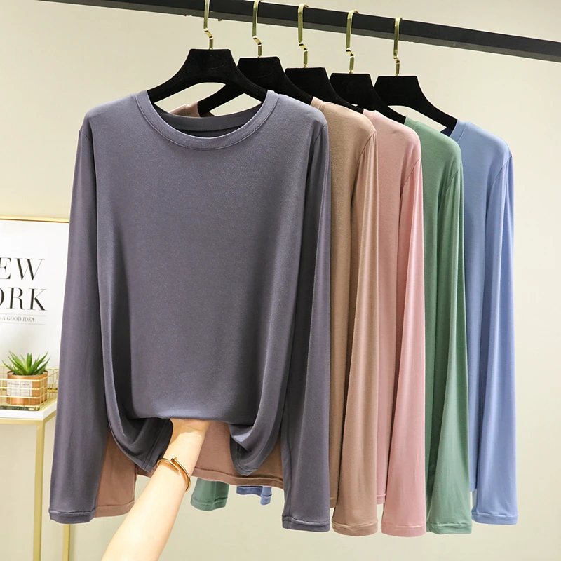Women's Loose Fit Long Sleeve round Neck T-Shirt Thin Spring Summer Base Layer Shirt Pure Color Versatile Casual Top