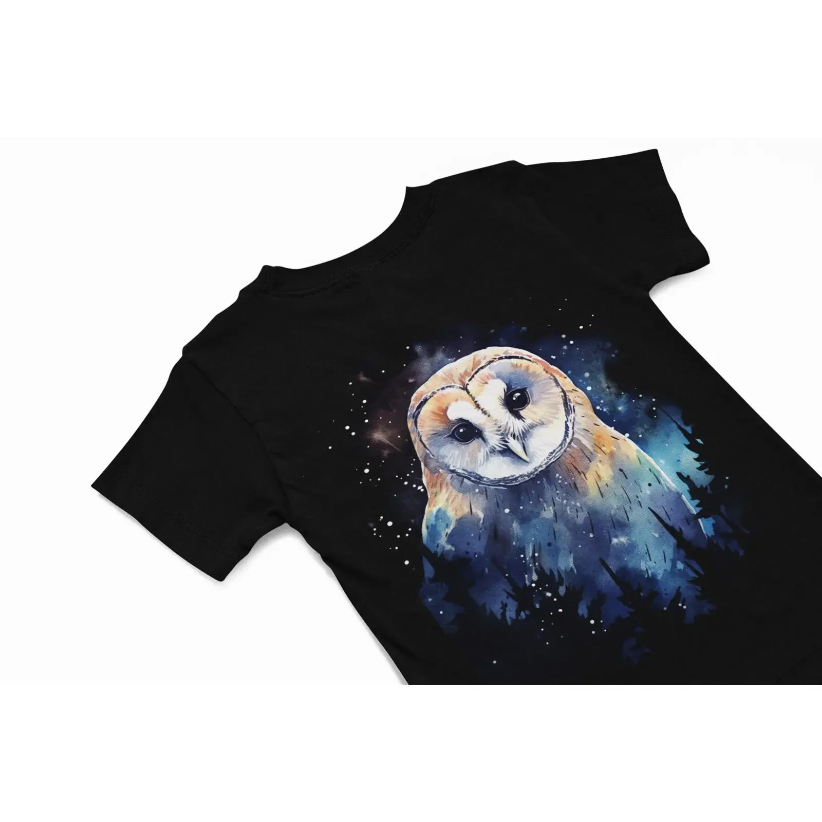 Camiseta de acuarela con silueta de búho de granja de la galaxia, animal espiritual del bosque, para amantes de las aves, vintage, lavada, versátil, elástica, unisex