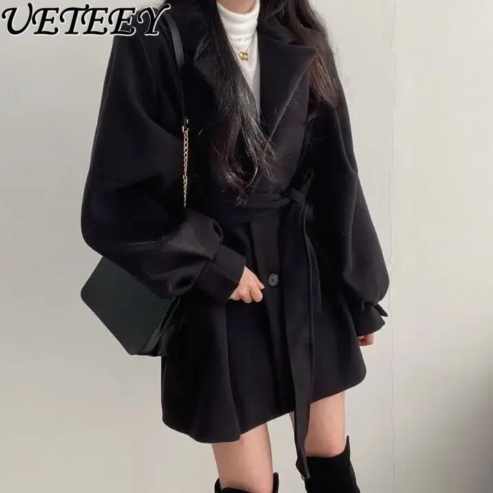 Fashionable Simple Black Belt Slim Waist Woolen Coat for Women 2023 Autumn and Winter High-Grade Thickened Short Wool Overcoat