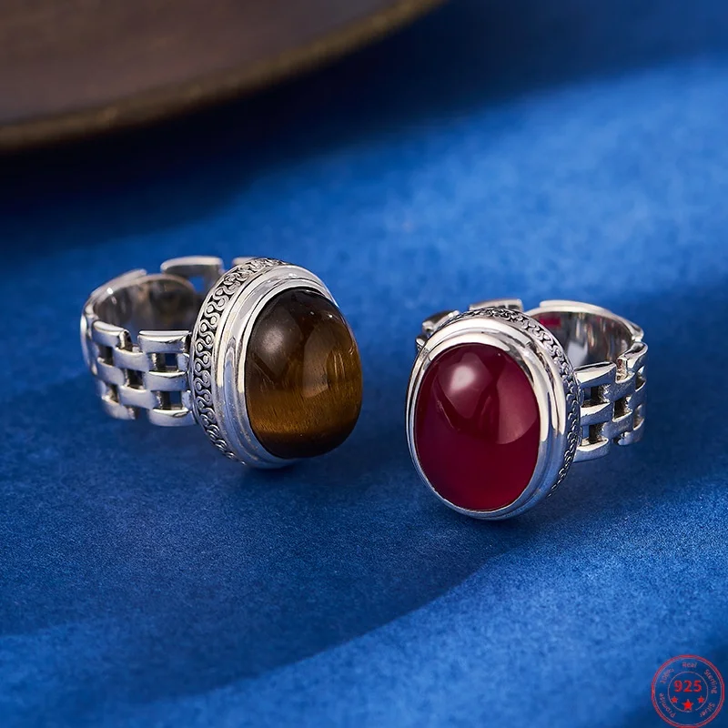 

Кольца из стерлингового серебра 925 пробы для женщин и мужчин, полая цепочка с инкрустацией, красный корунд, широкое кольцо с тигровым глазом, модные ювелирные изделия, оптовая продажа