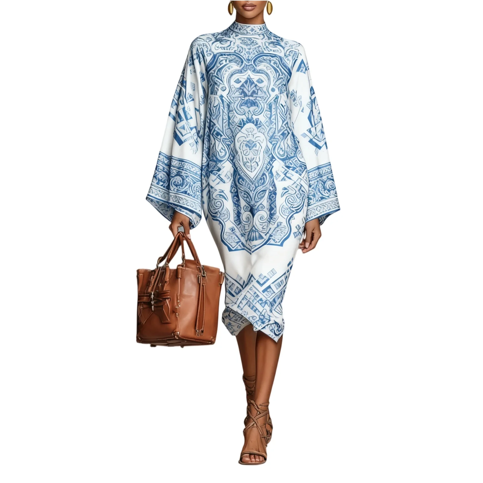 เดรสยาวทรงหลวมสำหรับฤดูใบไม้ผลิและฤดูร้อน แขนยาว พิมพ์ลาย คอกลม สไตล์โบฮีเมียน เหมาะสำหรับงานปาร์ตี้ริมชายหาด แฟชั่นเดรสยาวสำหรับผู้หญิง