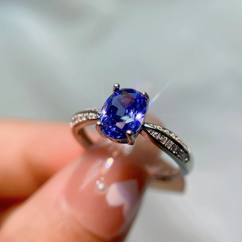 High-end natural Tanzanite ring for women INS niche fashionable gemstone ring light luxury sterling silver opening adjustable