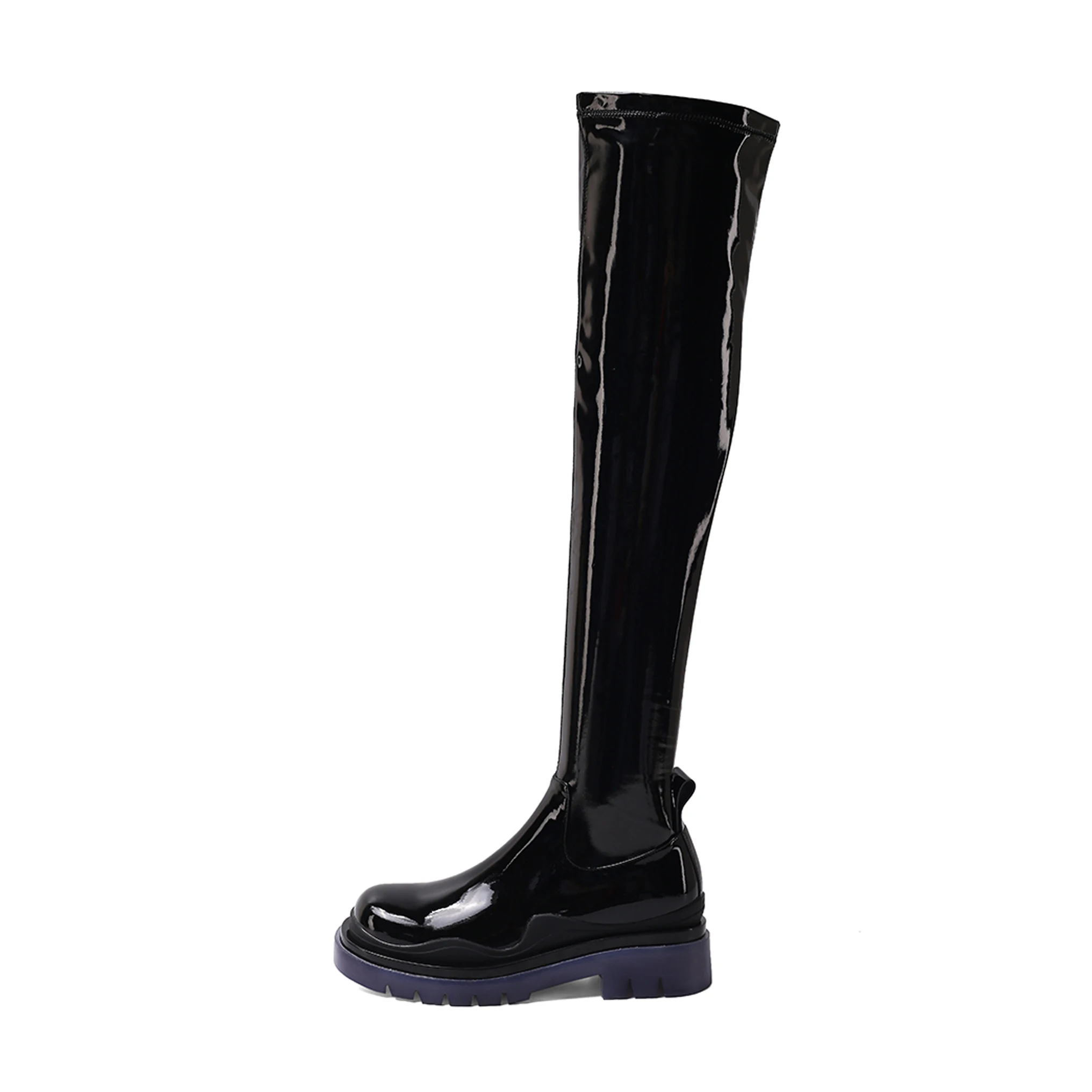 

Arden Furtado 2024 Patent Leather Square Heel Over The Knee High Boots Round Toe Platform Side zipper Middle heel Modern boots