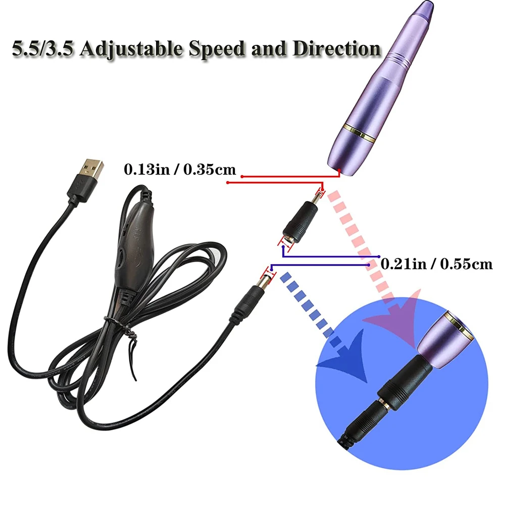 Electric Nail Drill Power Cord USB Charger Power Line For Manicure Tools Nail File Kit Cord 5.5 Adjustable Speed and Direction