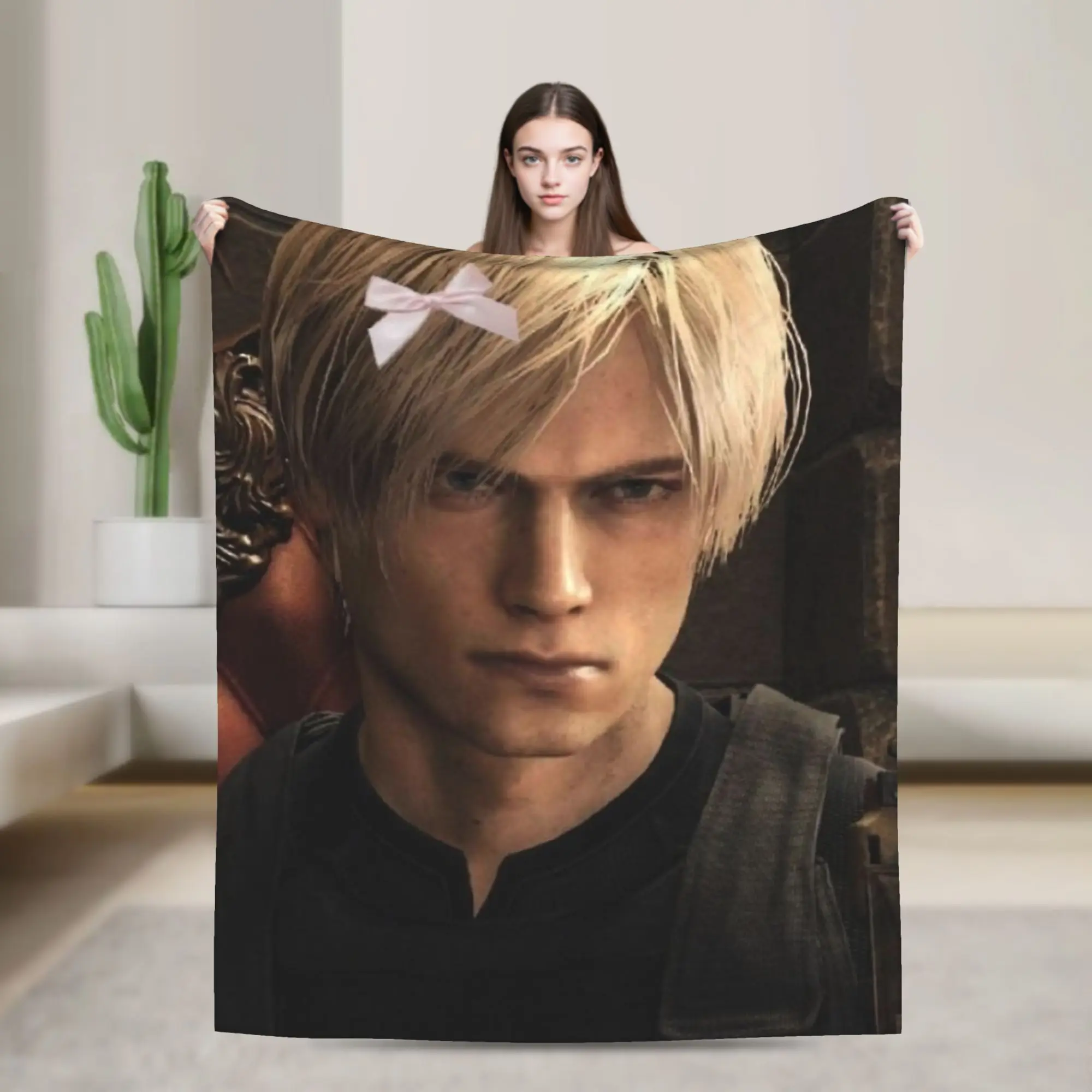 Romantic Pink Bow Leon S Kennedy Residents Evils 4 Blankets Velvet Breathable Soft Throw Blankets for Bed Bedroom Bedding Throws
