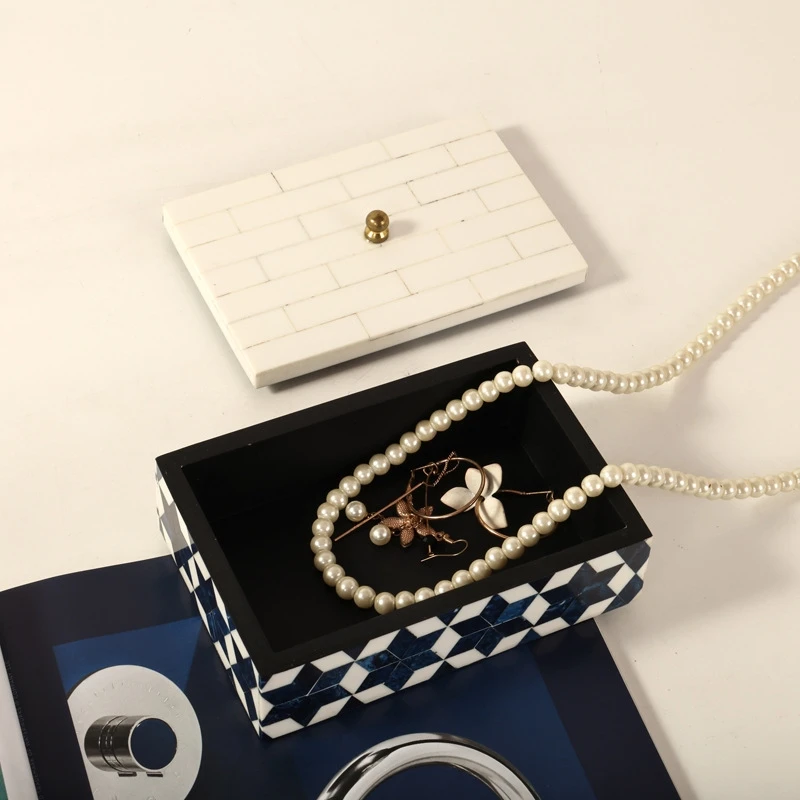 Handmade Indian Bone Jewelry Box Vintage Black White Stripe Decorative Storage