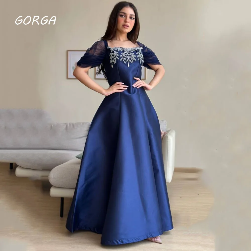 فساتين سهرة GORGA-Blue بياقة مربعة ، فساتين بطول الأرض ، عالية الجودة ، زخارف محيطية رسمية ، فساتين بطول الأرض