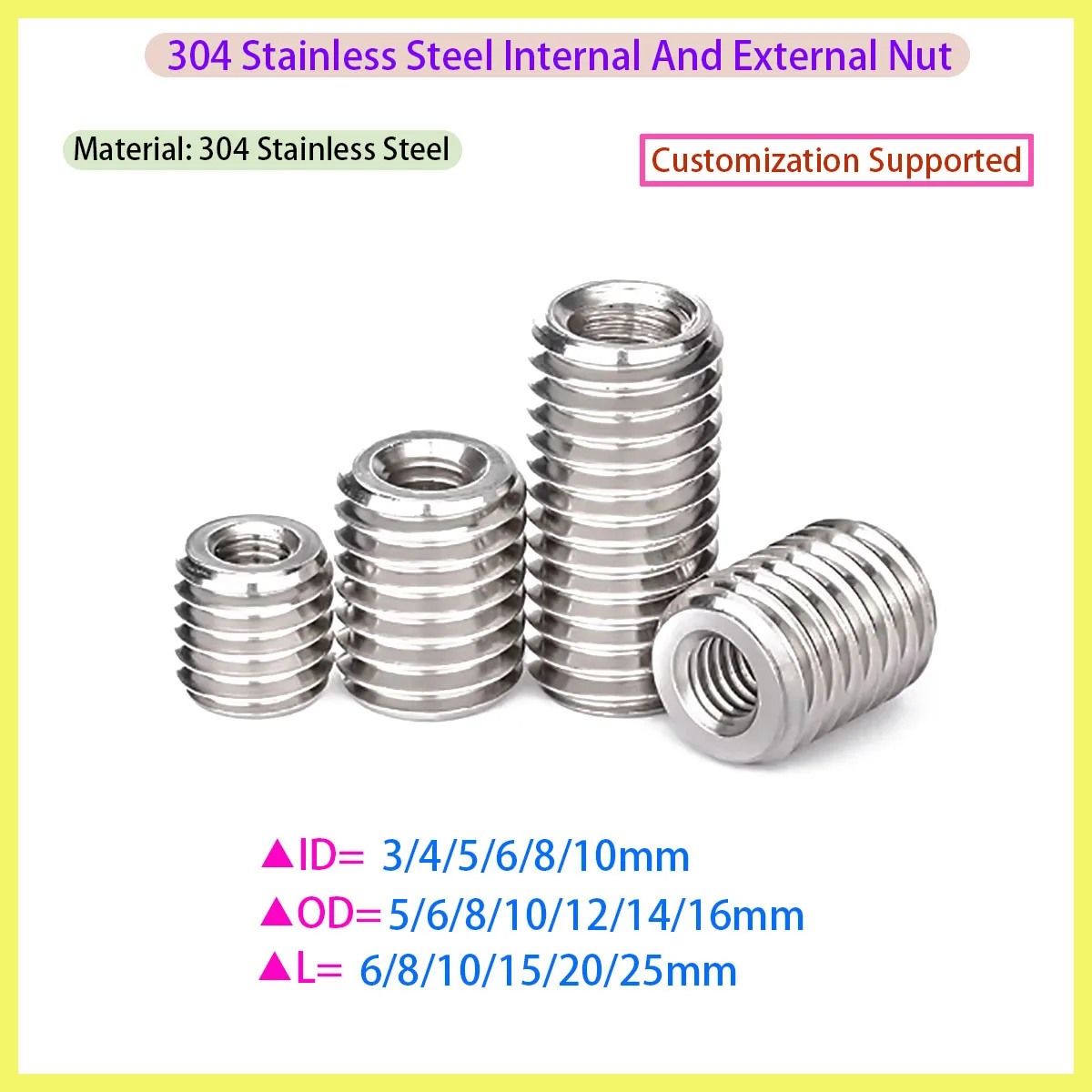 304 Stainless Steel Male Female Thread Nuts Thread Conversion Insert Sleeve Thread Protector M3-M8 for Industrial Fastening & Th