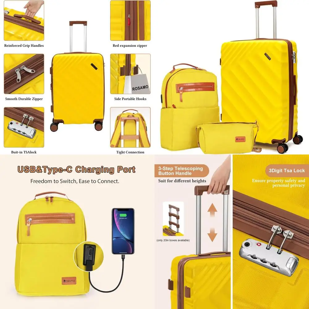 

Расширяемый набор чемоданов из 3 предметов, 22x14x9, одобренный для авиакомпании, твердый корпус из АБС-пластика с вращающимися колесами, замок TSA, желтый (20/BP