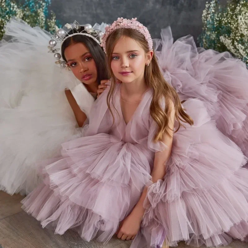 Vestidos de flores para niña, tul blanco y rosa escalonado con cola larga, manga corta para boda, fiesta de cumpleaños, banquete, vestidos de princesa