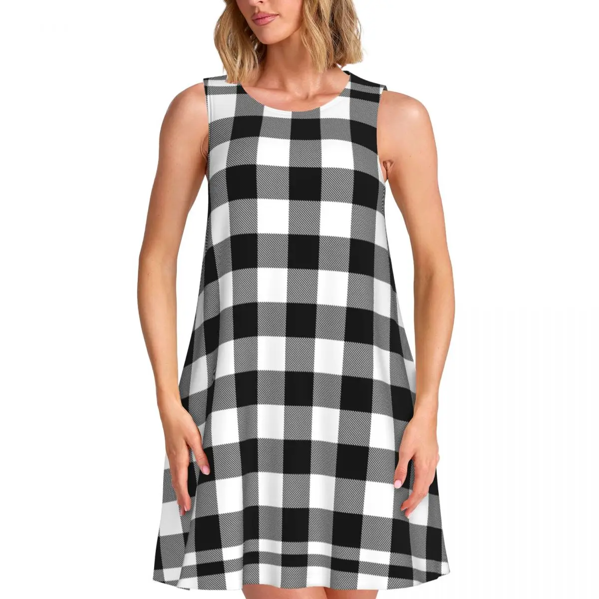 Black White Plaid Casual Dress Vintage Check Cute Dresses Womens Day Streetwear Print Oversize Tank Dress