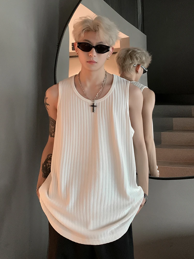 

Мужская летняя майка из текстурированного шелка с полосками, в американском стиле, модный бренд Haome, эластичная, облегающая, с вырезами на плечах.