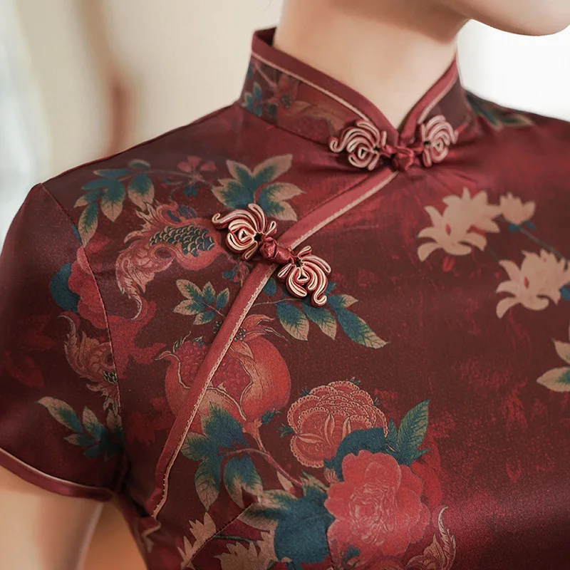 Long Qipao New Chinese Dresses Elegant Cheongsams Women Dress Sexy Print Floral Vestidos Silk Satin Qipaos Improved Gown