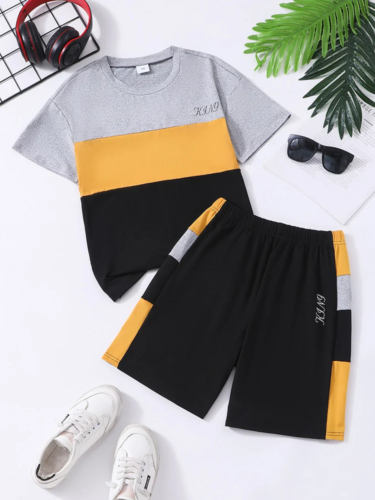Spring & Summer Men's And Youth Casual Colorful Round-Neck Short-Sleeve T-Shirt & Solid Color Shorts Two-Piece Set