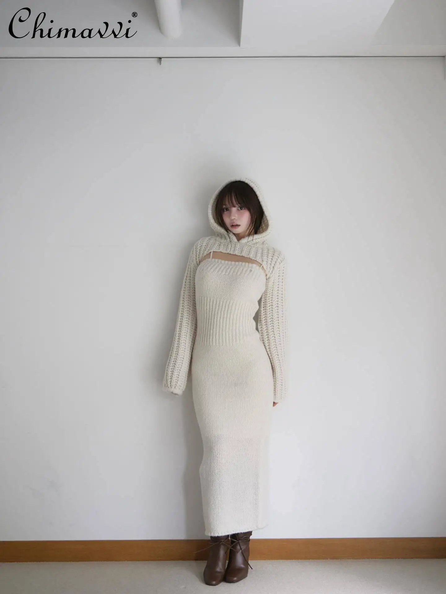 일본 스타일 패션 숄 후드 탑 스트랩 슬림핏 바디콘 니트 드레스 겨울 신상 우아한 여성 투피스 세트