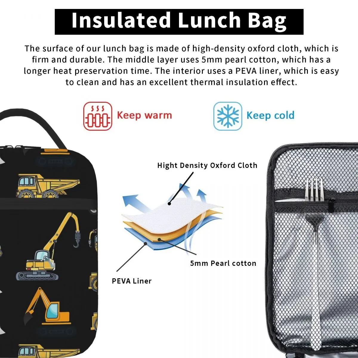 Construção Caminhão Escavadeira Lunch Bags Isolados Bento Box, Tote Portátil De Almoço, Sacos De Piquenique À Prova De Fugas, Refrigerador, Saco Térmico