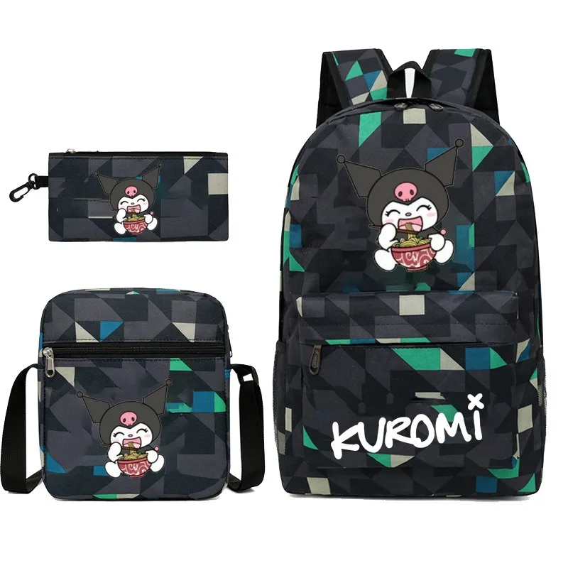 Sanrio Kuromi Cute Cartoon Backpack Three-piece Bag Little Fresh Bag Crossbody Pencil Case Three-piece Lunch Bag Large Capacity