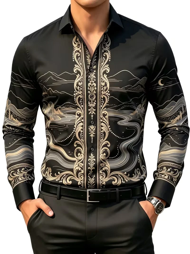 Men Fashion Long Sleeve Button‑Up Shirt Vivid Creative Pattern Graphic Print Daily Holiday Gathering Wear Top