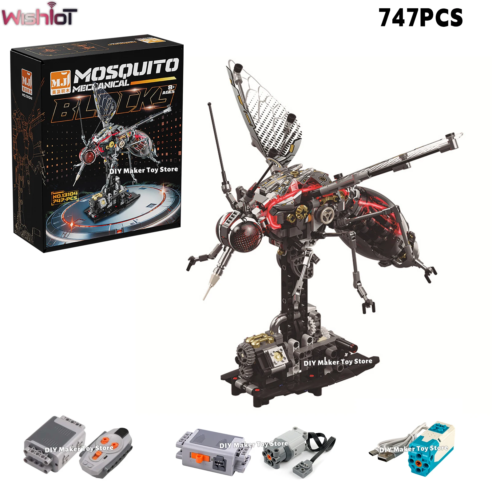 

747PCS Mechanical Mosquito Building Blocks Lighting Simulated Insect Model Support Motor Remote Control Drive Boys Toys Gifts