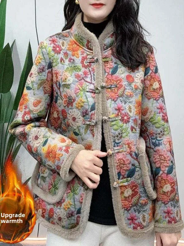 

Модная ретро-куртка из хлопка с подкладкой, зимнее пальто для мам, новинка, китайский стиль, с принтом, полиэстер...