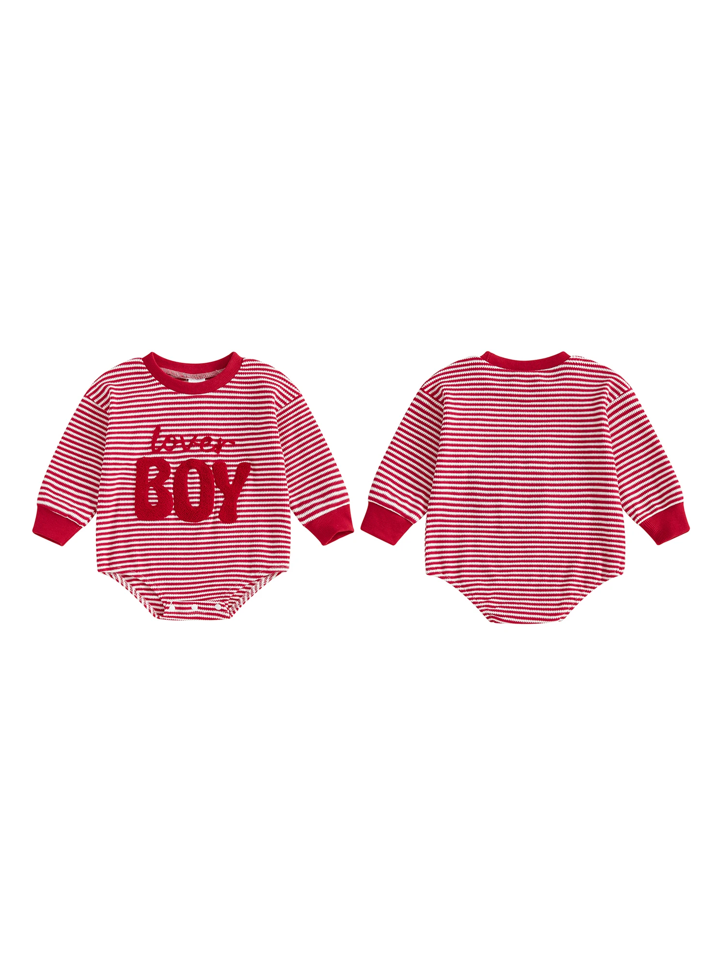 

Infant Boy s Valentine s Day Romper with Long Sleeves Round Neck Letter Embroidery and Striped Jumpsuit Design