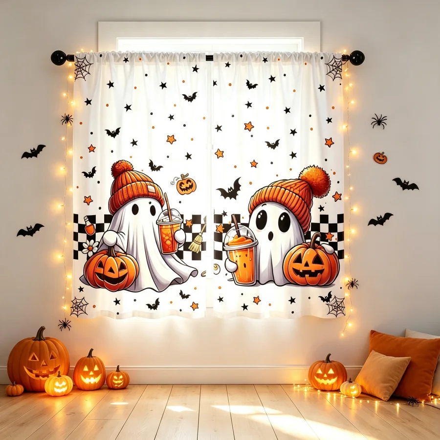 2PCS Digital Print Curtain, Orange Hat Cute Ghosts Halloween Pattern, Spooky Fun Holiday Style for Living Room Bedroom Decor