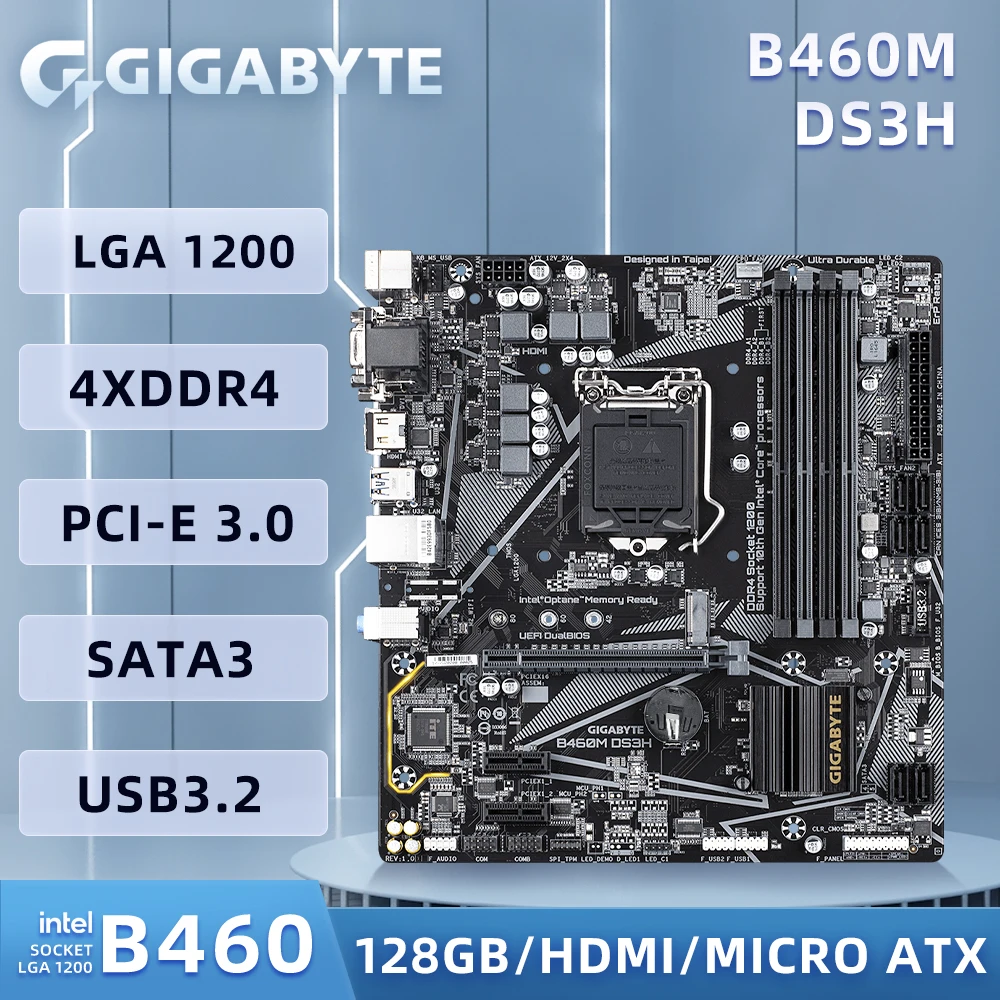 B460 Motherboard Gigabyte B460M DS3H  , Support i9-10900K i7-10700K i5-10600K i3-10100 CPU, DDR4 2xM.2 Intel B460 Motherboard.