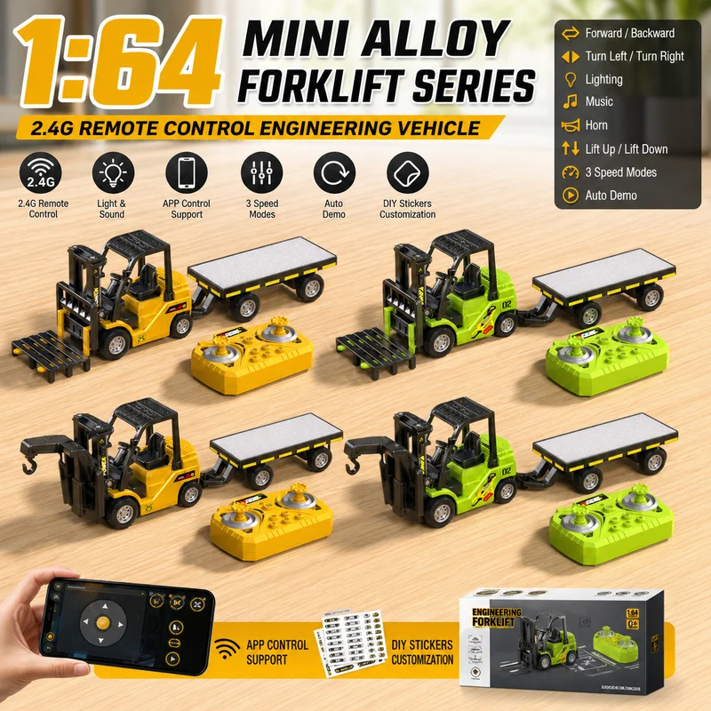 New Hot Selling 1:64 Mini Engineering Vehicle Series Crane Forklift Desktop Toy Mini Alloy Remote Control With Trailer Toy Gift