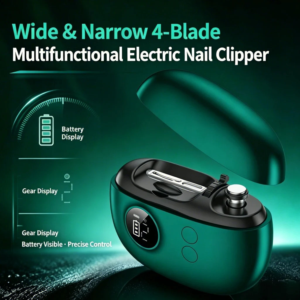 Electric Nail Clipper with HD Magnifier 4-Blade Wide-Narrow Head Digital Display Type-C Rechargeable Nail Trimmer with Replaceab