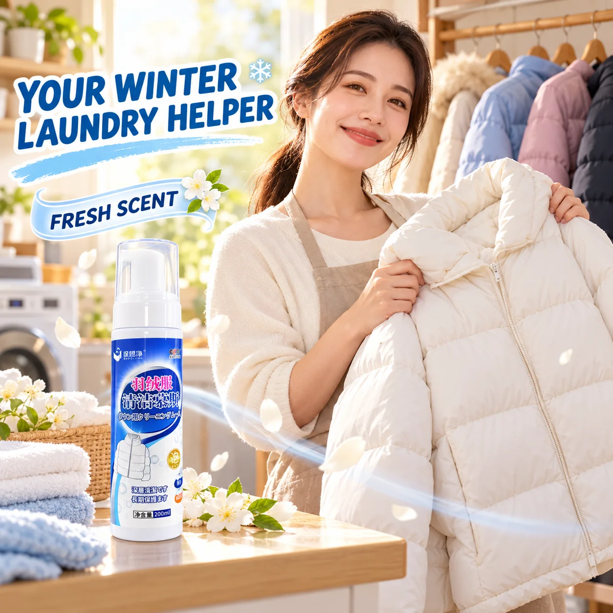Down Jacket Foam Cleaner 200ml, Powerful Stain Removal, Gentle Fabric Care, Helps Prevent Clumping, Fresh Scent for Winter Coats