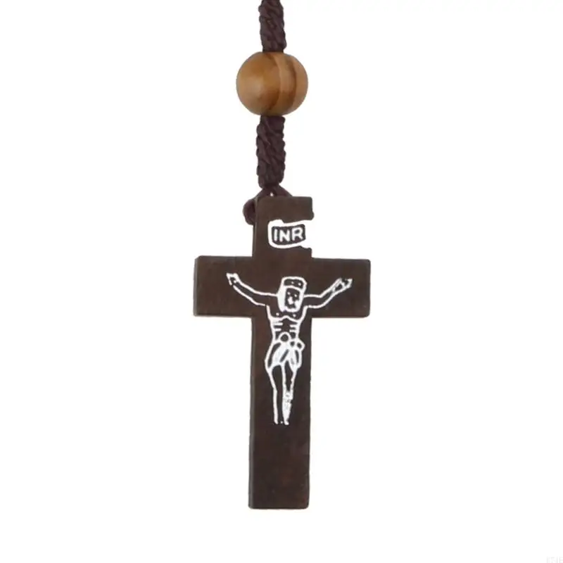 E74E Religious Wooden Antique for Cross Rosary Pendant Necklaces Beads Catholic Jesus Christ Rosary Necklace Men Women Jewelr