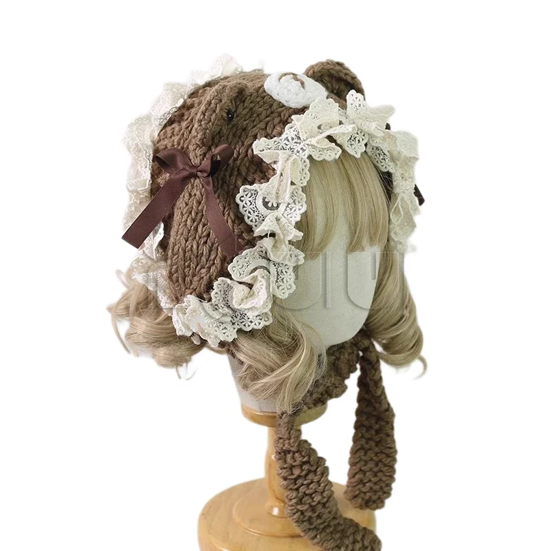 수제 니트 모자 여자 여자 로리타 고양이 귀 레이스 트림 보우 달콤한 따뜻한 모자 겨울 패션 카와이 뜨개질 액세서리
