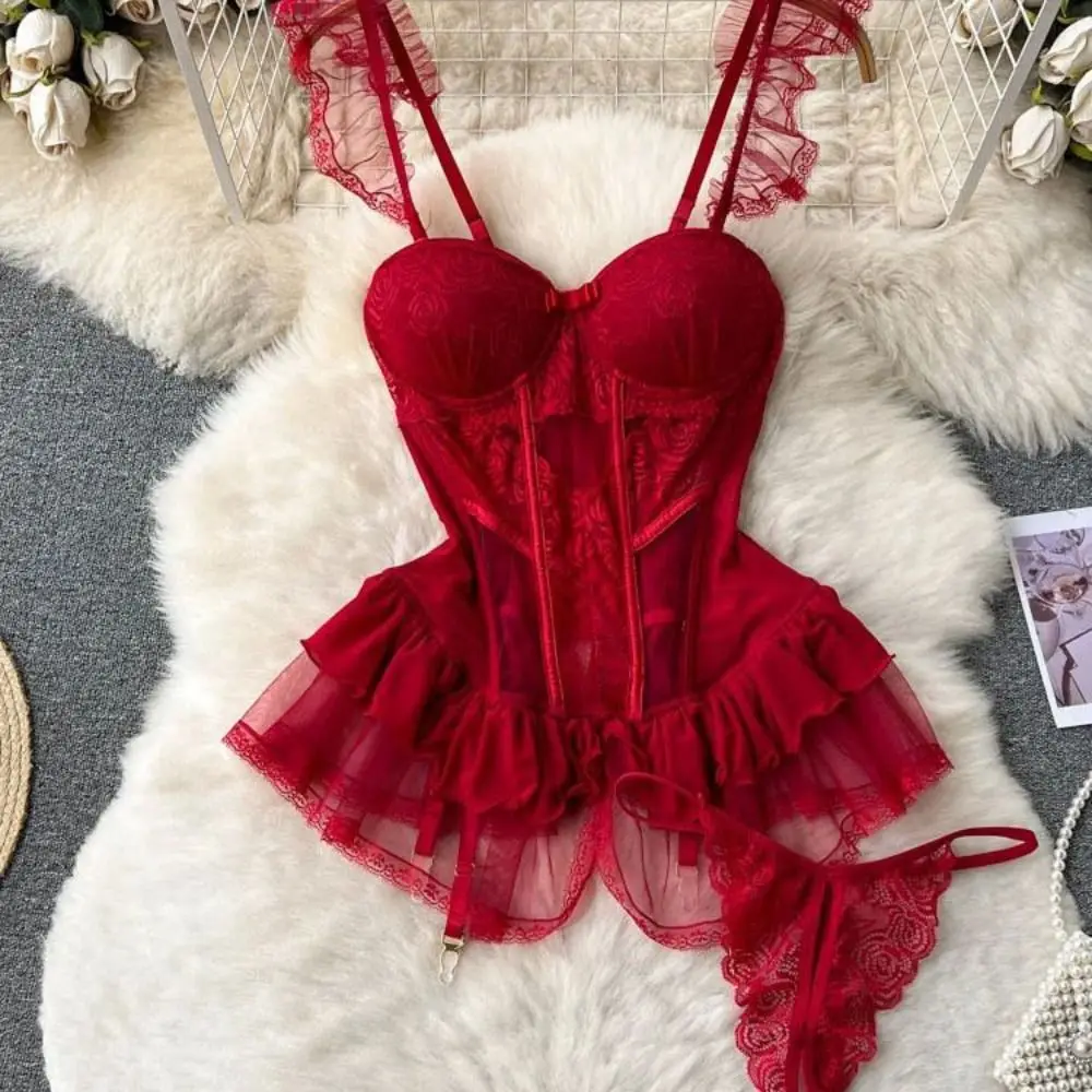 

Fashion Bow Flower Lace Nightgown Ruffle Women Lingerie Camisole Nightwear Sweet Transparent Mesh Nightdress Gifts