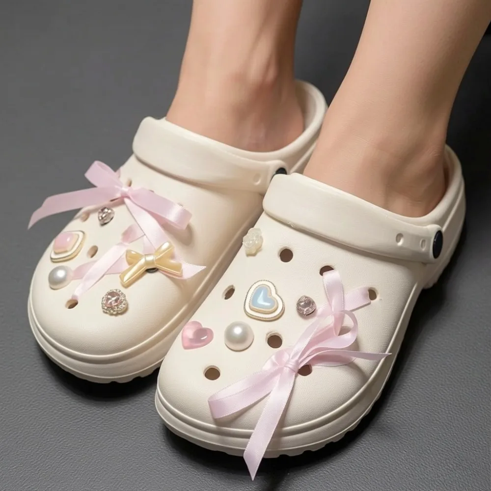 12PCS Fashion Shoe Charms Set Accessories for Clogs Shoe Buckle Heart Shaped Diamond Pearl Pink Ribbon DIY Shoes Decorations