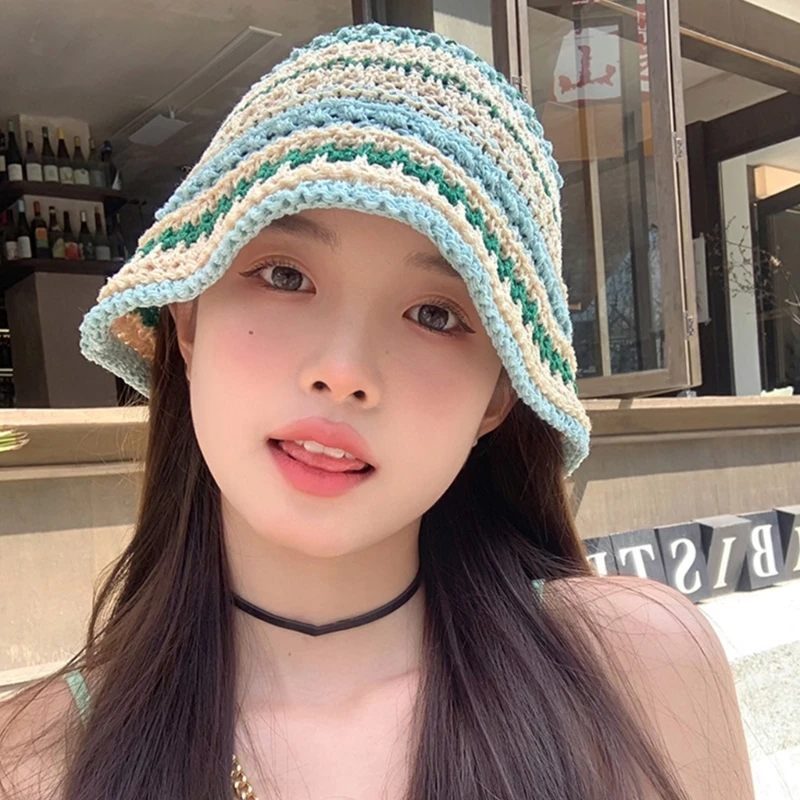 Crochet Bucket Hat for Woman Teenagers Outdoor Foldable Commute Fisherman Hat Wide Brim Spring Summer Anti-Uv Hat