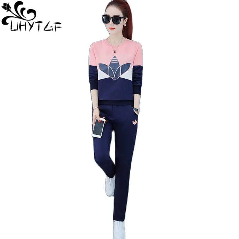 

UHYTGF Big Size Two Piece Sets Women Clothes Casual Tracksuit Spring Summer Suits Female Long Sleeve Tops+Pants 2 Pieces Sets 39