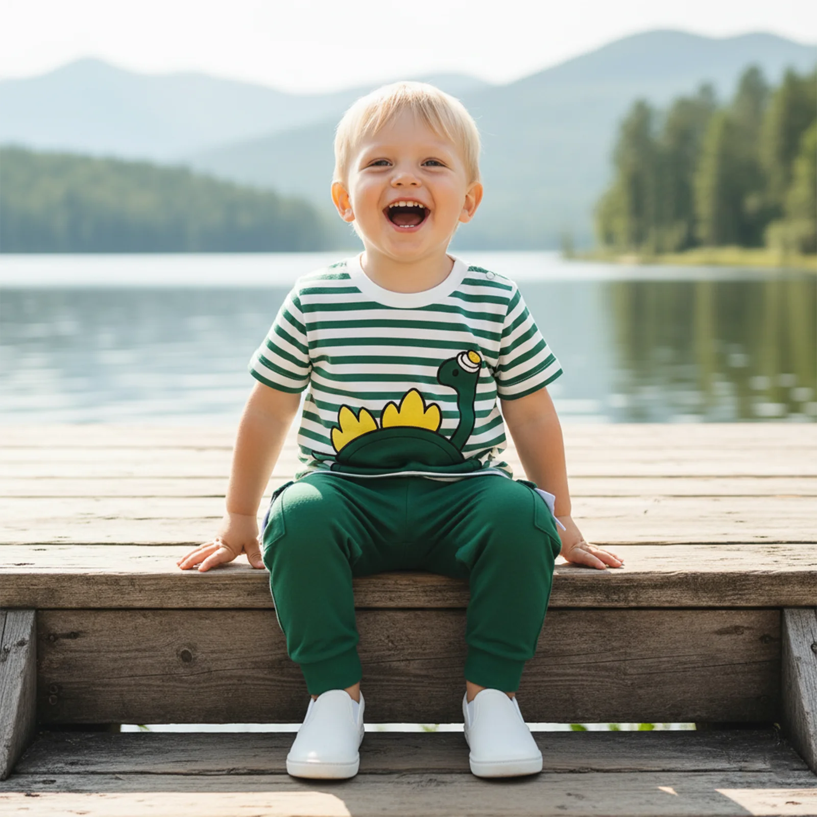 0-4Y Cute Toddler Baby Boy Summer Outfit Dinosaur Striped Crew Neck Short Sleeve T shirt Tops Pants 2 Pcs Boys Set
