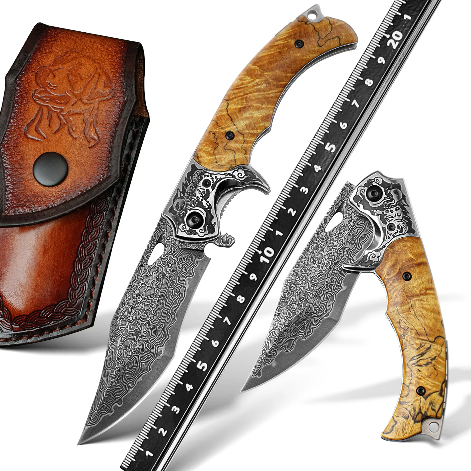 Handmade Damascus Folding Knife VG10 67 layers, Wood Handle EDC Knife with Leather Sheath, Outdoor Camping Tool