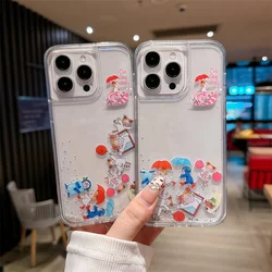 Cute Floating Figures Case for iPhone 16 15 14 Pro Max Glitter Quicksand Clear Hard Back Cover Silicone Edges Shell Liquid Funda