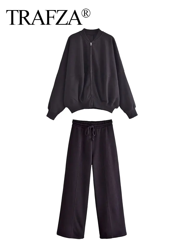 TRAFZA Women Solid Sportwear Suit Long Sleeve Zipper Bomber Jacket Coat Casual Drawstring Pant Autumn Female Y2K Sweatshirt Set