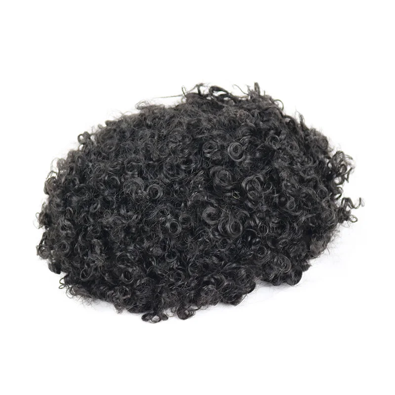 Human Hair 12mm Curly Men Toupee Natural Hairline Full Skin PU Base Man Hair Prosthesis System Capillary Jet Black Top Quality