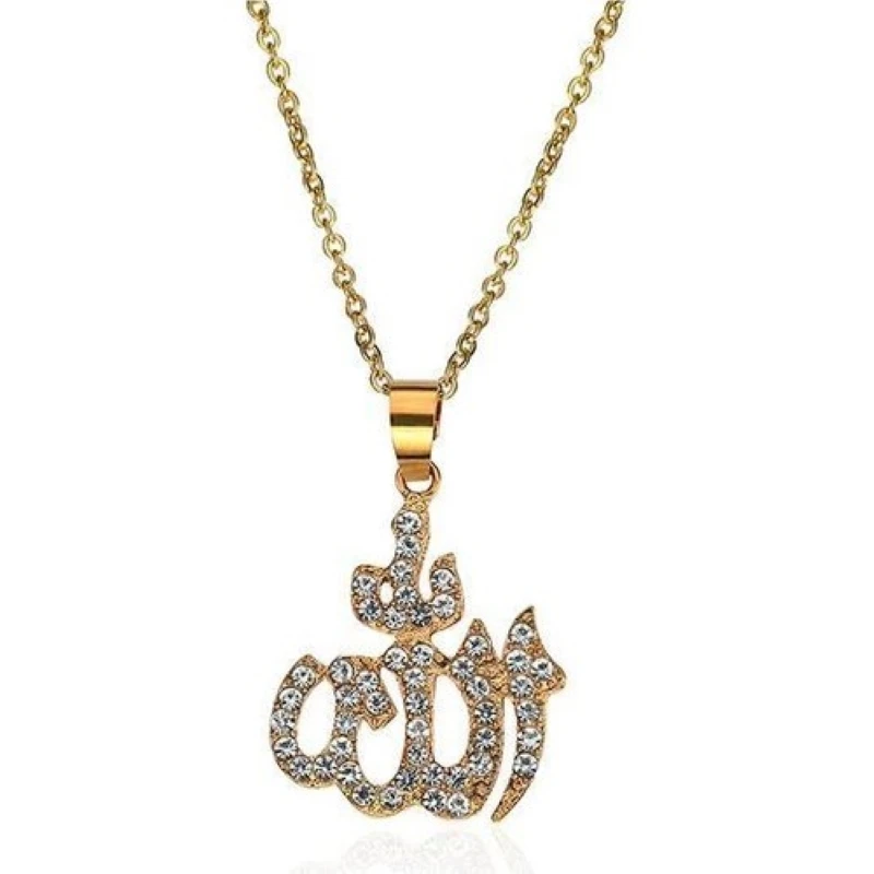 Rhinestone Cubic Zirconia Allah Swt Lafızlı Muslim Long Chain Necklace Copper Plated Onto, Gift for Women Jewelry Fashion Trendy