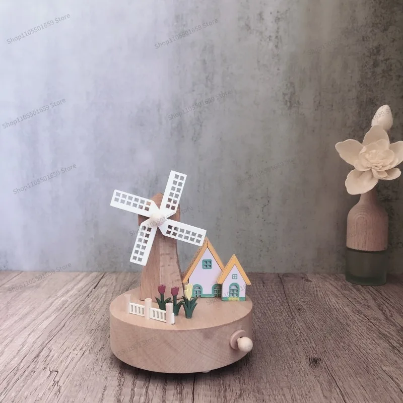 For Pastoral Car Rotating Music Box Wooden Music Box Desktop Ornament Micro Landscape Wooden Handicraft Gift Solid Wood