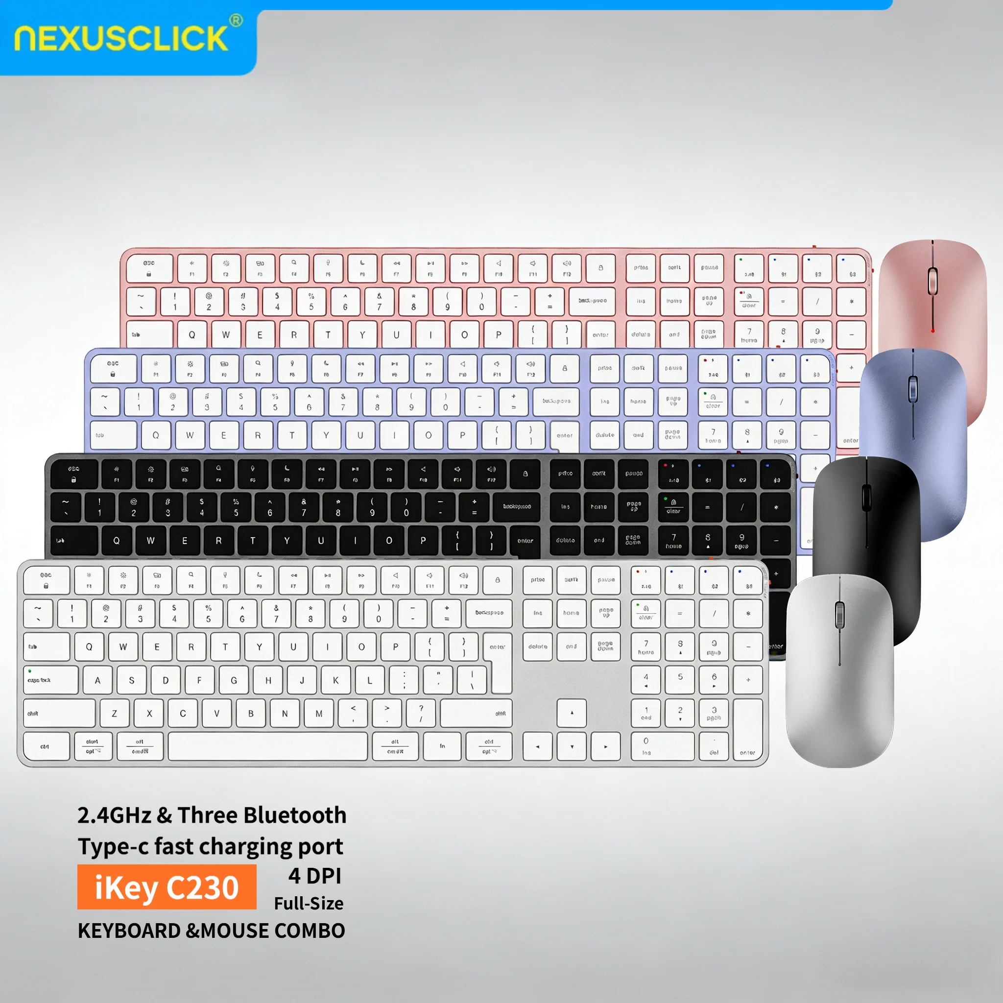NexusClick Rechargeable Wireless Keyboard Mouse Combo,4-Channel 2.4G/BT,Slim Quiet Keys,Adjustable DPI for PC Laptop Mac Office