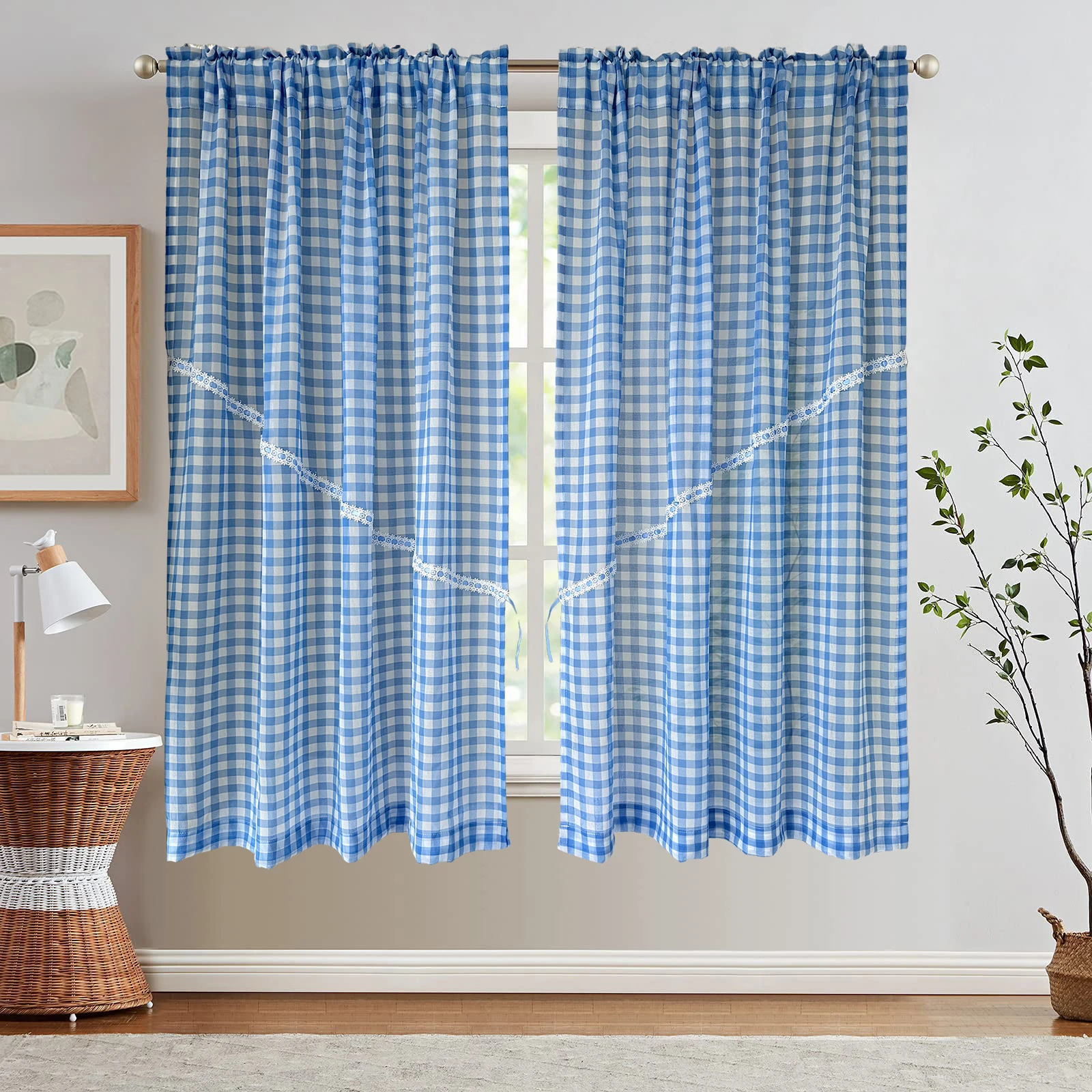 2PC Blue Lattice Gauze Curtain for Living Room Sheer With White Lace Kitchen Balcony Home Decoration Window Drape