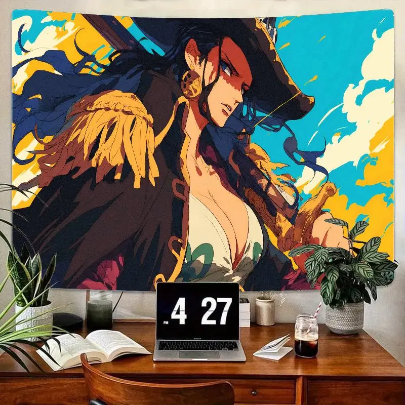 Arazzo pirata femminile estilizzato da 1 pezzo con capelli lunghi scuri e spada, sfondo cielo blu vibrante, decorazione da parete per soggiorno in camera da letto