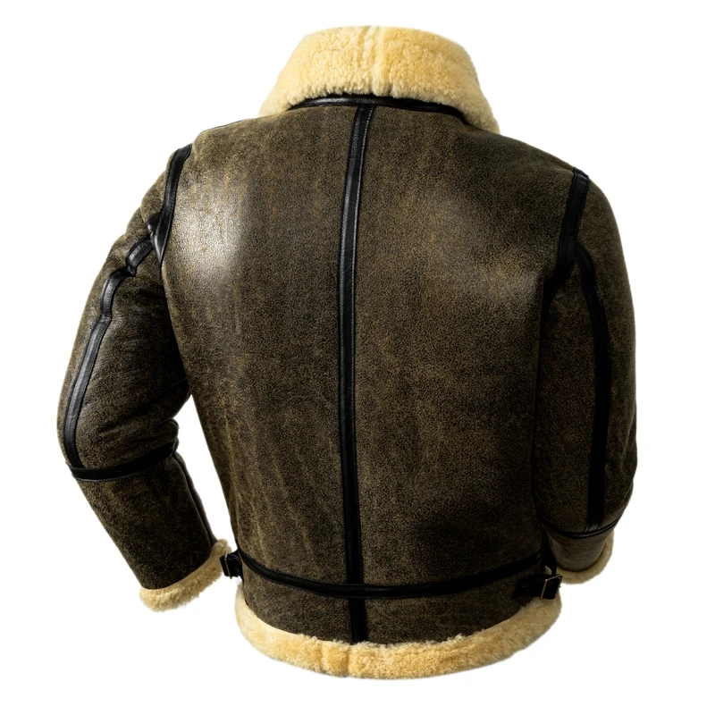 Vintage Brown Winter Men\'s Shearling Jacket Plus Size 6XL Military Style Natural Thick Sheepskin B3 Bomber Genuine Leather Coats